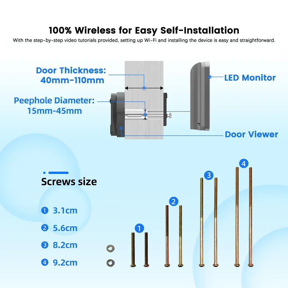Zaranss wireless door viewer with LED monitor, screw sizes, door thickness and peephole diameter guide.