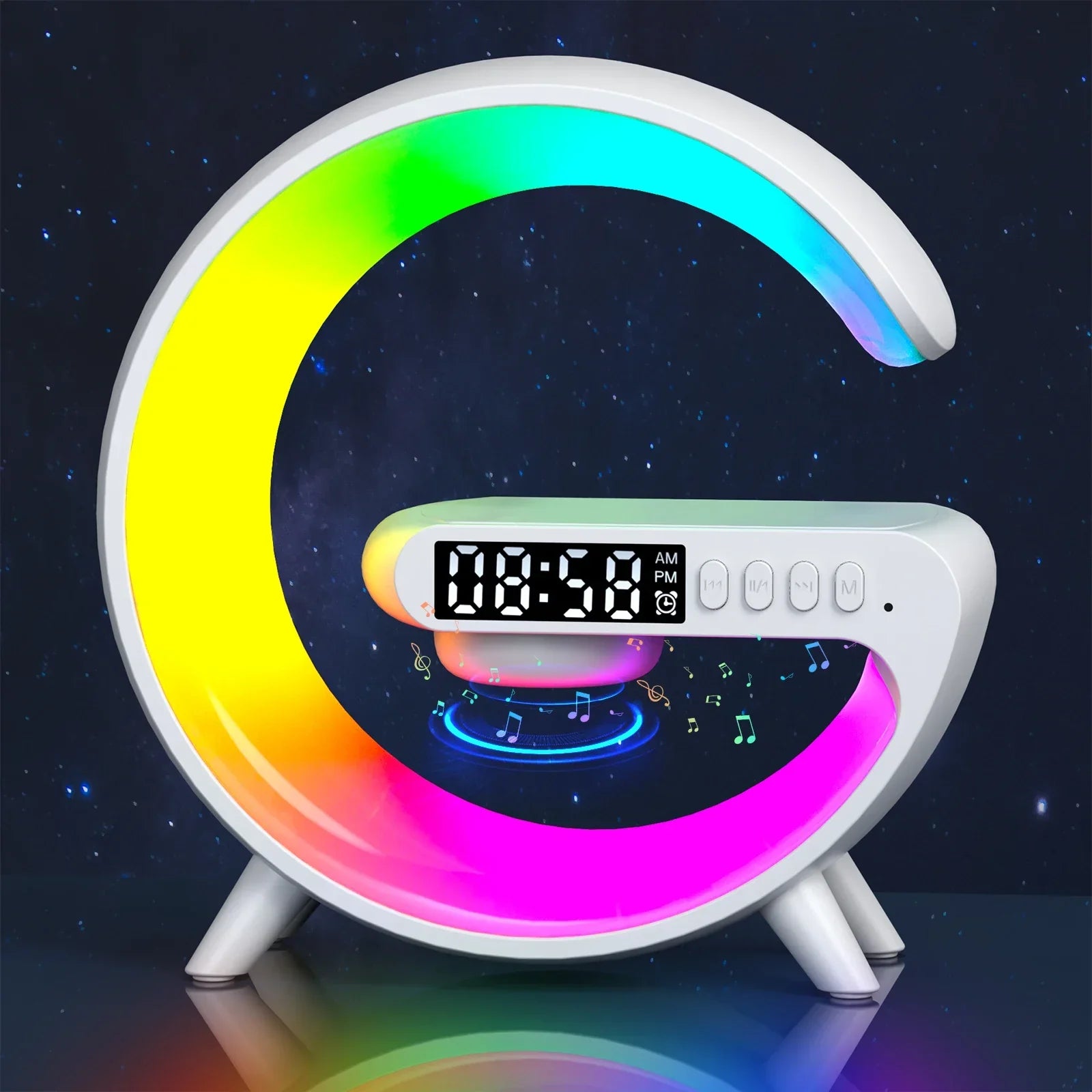 Modern LED digital alarm clock with rainbow lights on a dark starry background, Zaranss