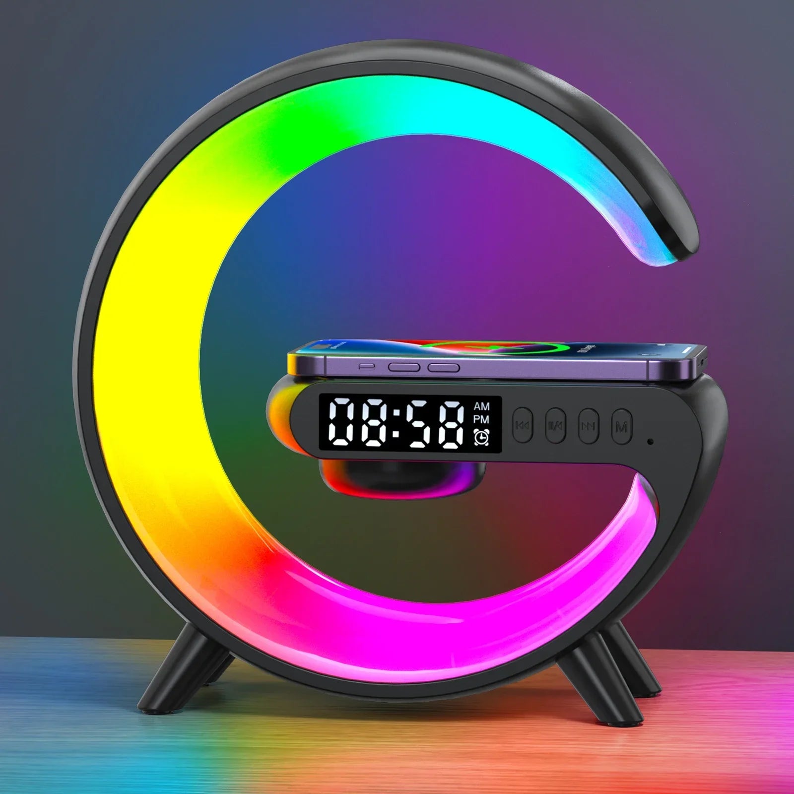 Modern LED alarm clock with wireless charging, rainbow colors, digital display, Zaranss