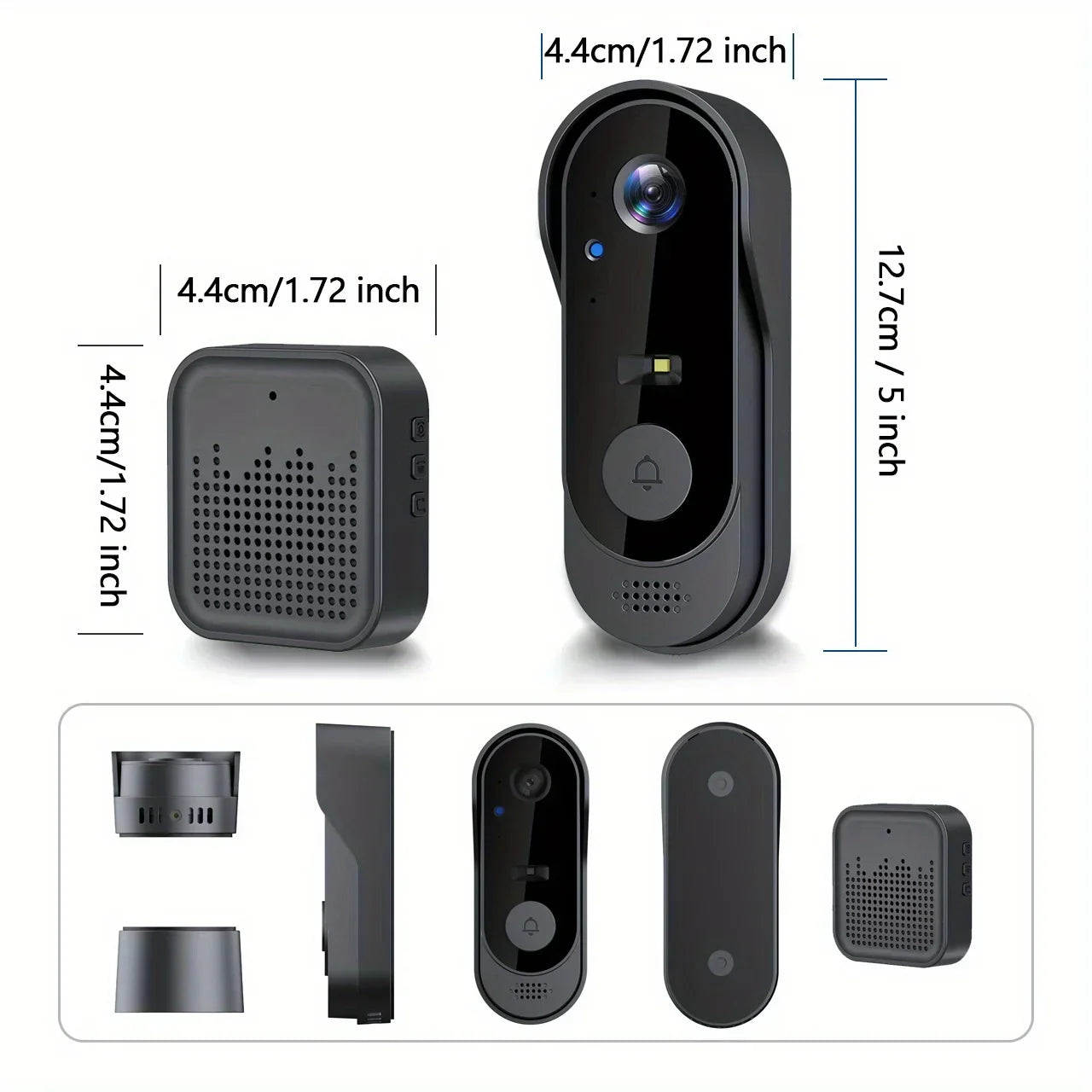 Zaranss smart video doorbell and chime set, black, with measurements in centimeters and inches