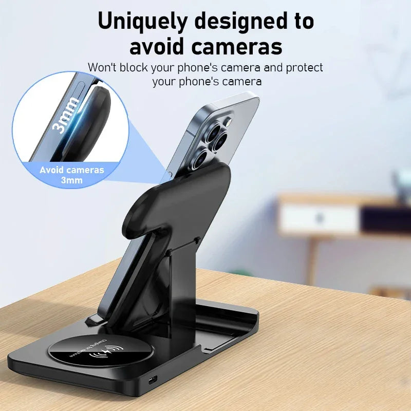 Phone stand with wireless charging, camera-protecting design on desk, Zaranss accessory