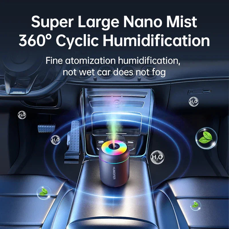Nano mist humidifier with LED light in car interior, Zaranss portable car humidifier