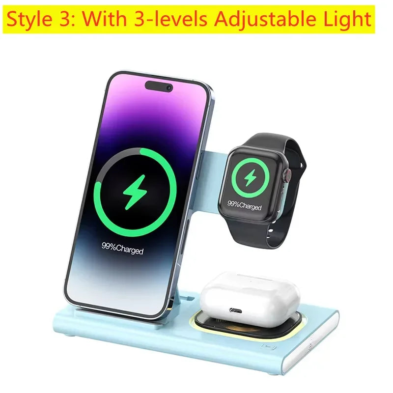 Zaranss 3-in-1 charging station with adjustable light for phone, smartwatch, and earbuds