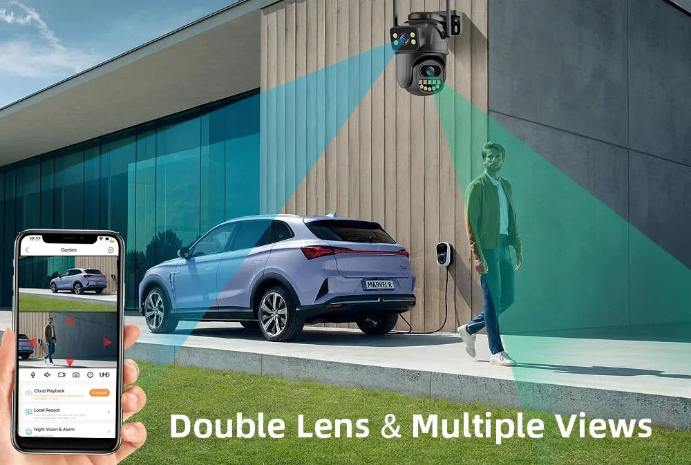 Outdoor security camera with double lens monitoring car and person by modern house, Zaranss