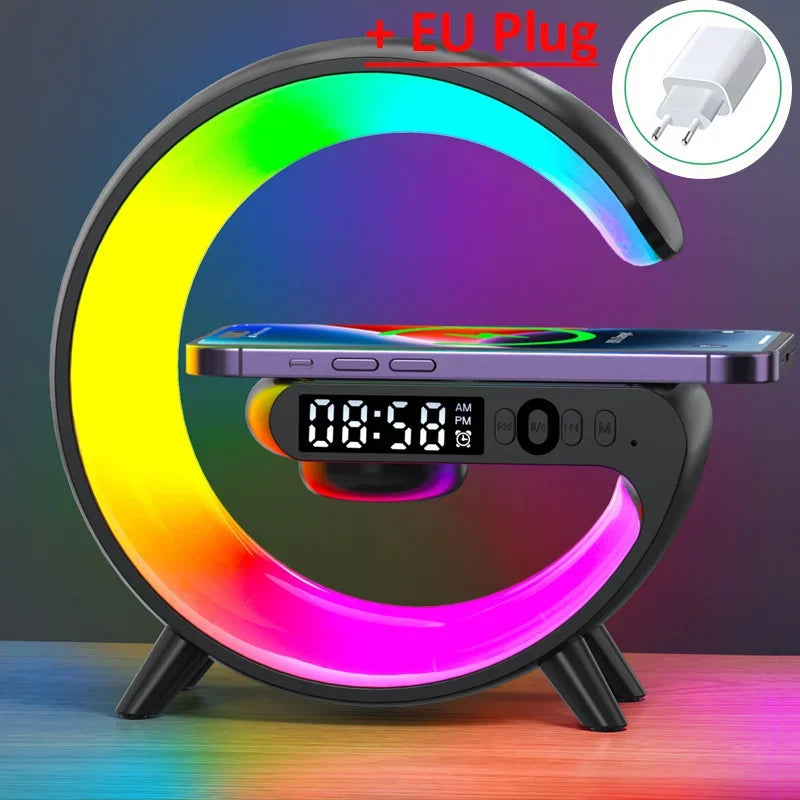 Colorful LED digital clock with wireless phone charging, circular design, EU plug, on Zaranss