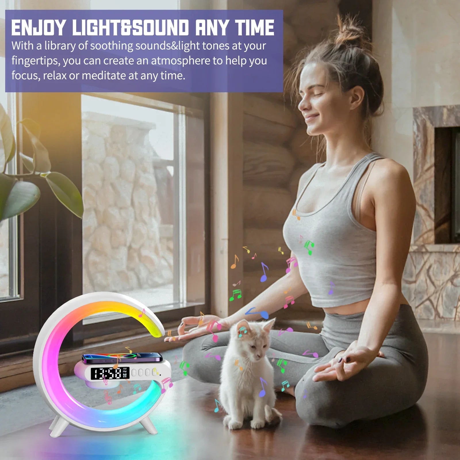 Woman meditating with a white cat indoors, next to a Zaranss rainbow LED sound clock