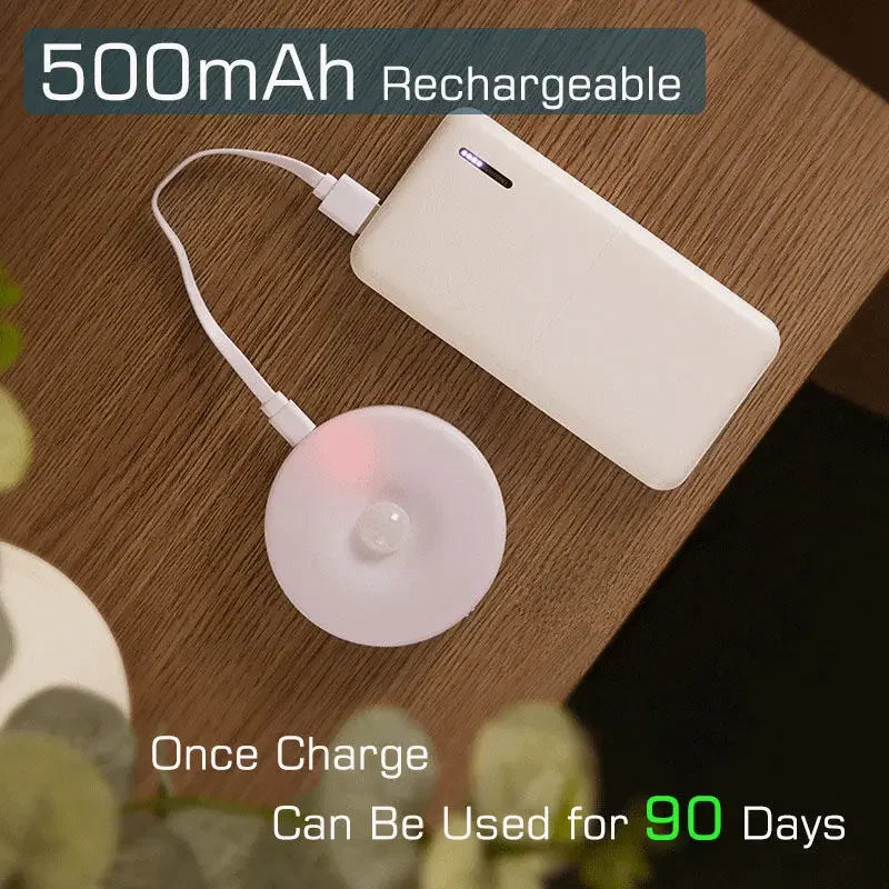 Rechargeable 500mAh LED night light charging on table, Zaranss energy-saving gadget