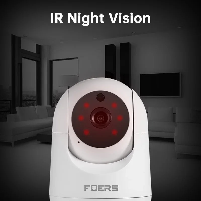 Home security IR night vision camera with red infrared lights in a modern living room, Zaranss