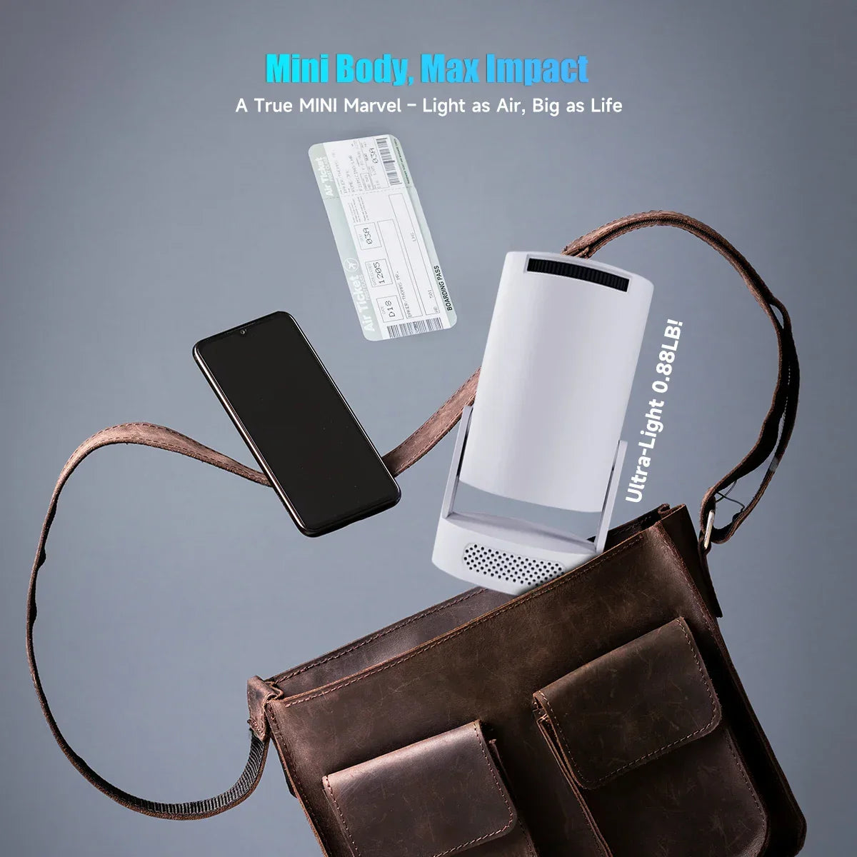 Zaranss mini portable air purifier, smartphone, and ticket beside brown leather bag.