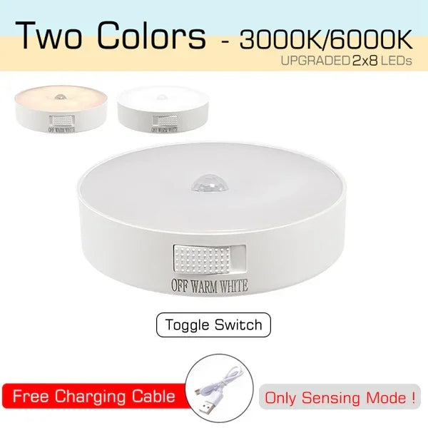 Zaranss LED sensor light with toggle switch, two color modes, and free charging cable.