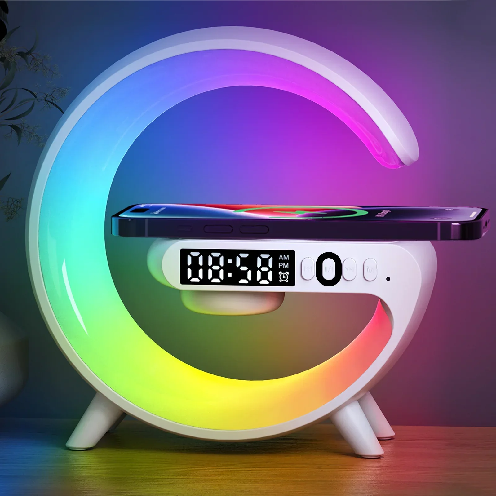 Modern LED alarm clock with wireless phone charging on wood surface, Zaranss home decor