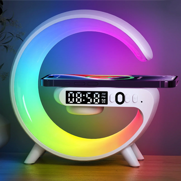 Modern LED alarm clock with wireless phone charging on wood surface, Zaranss home decor