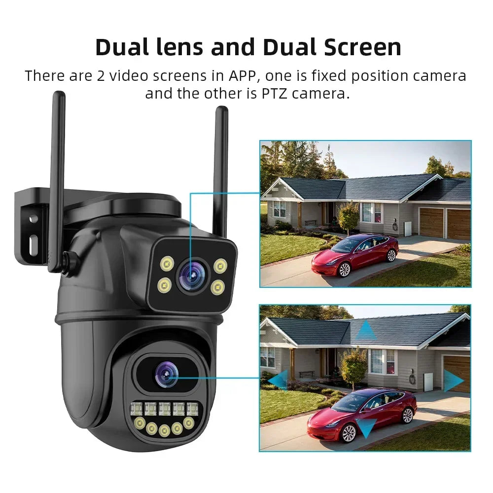 Dual lens security camera with dual screen feature, shown monitoring a driveway with a red car outside a house, Zaranss home security product.