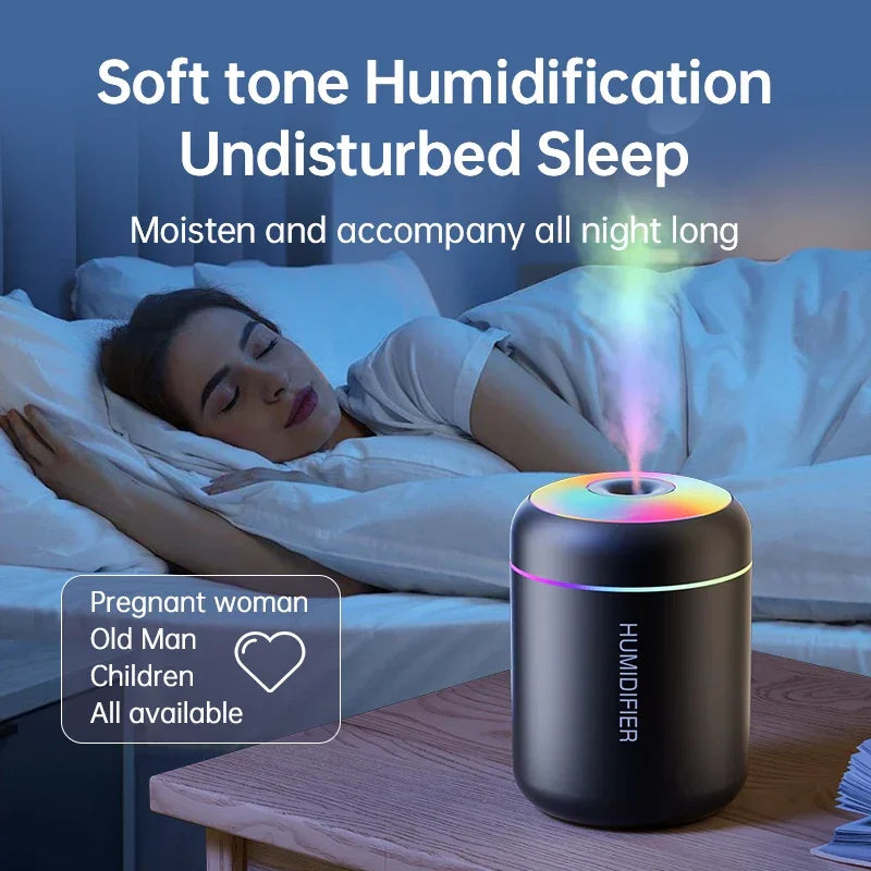 Woman sleeping beside rainbow LED humidifier on nightstand, Zaranss home sleep aid product