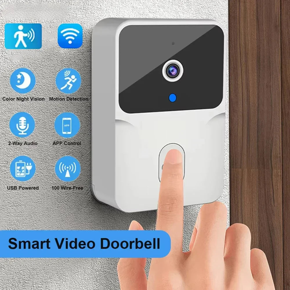 Person pressing Zaranss smart video doorbell with night vision and motion detection features