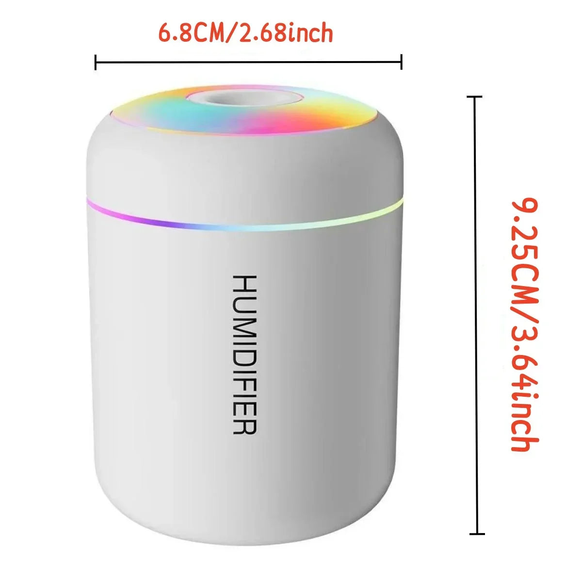 Compact white humidifier with rainbow LED top, labeled dimensions 6.8cm x 9.25cm, Zaranss