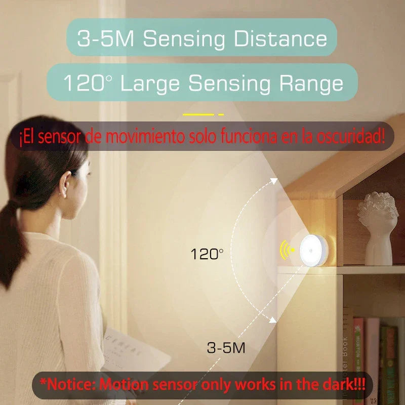 Woman approaching a Zaranss motion sensor night light with 120° range and 3-5M sensing distance, shelf background.