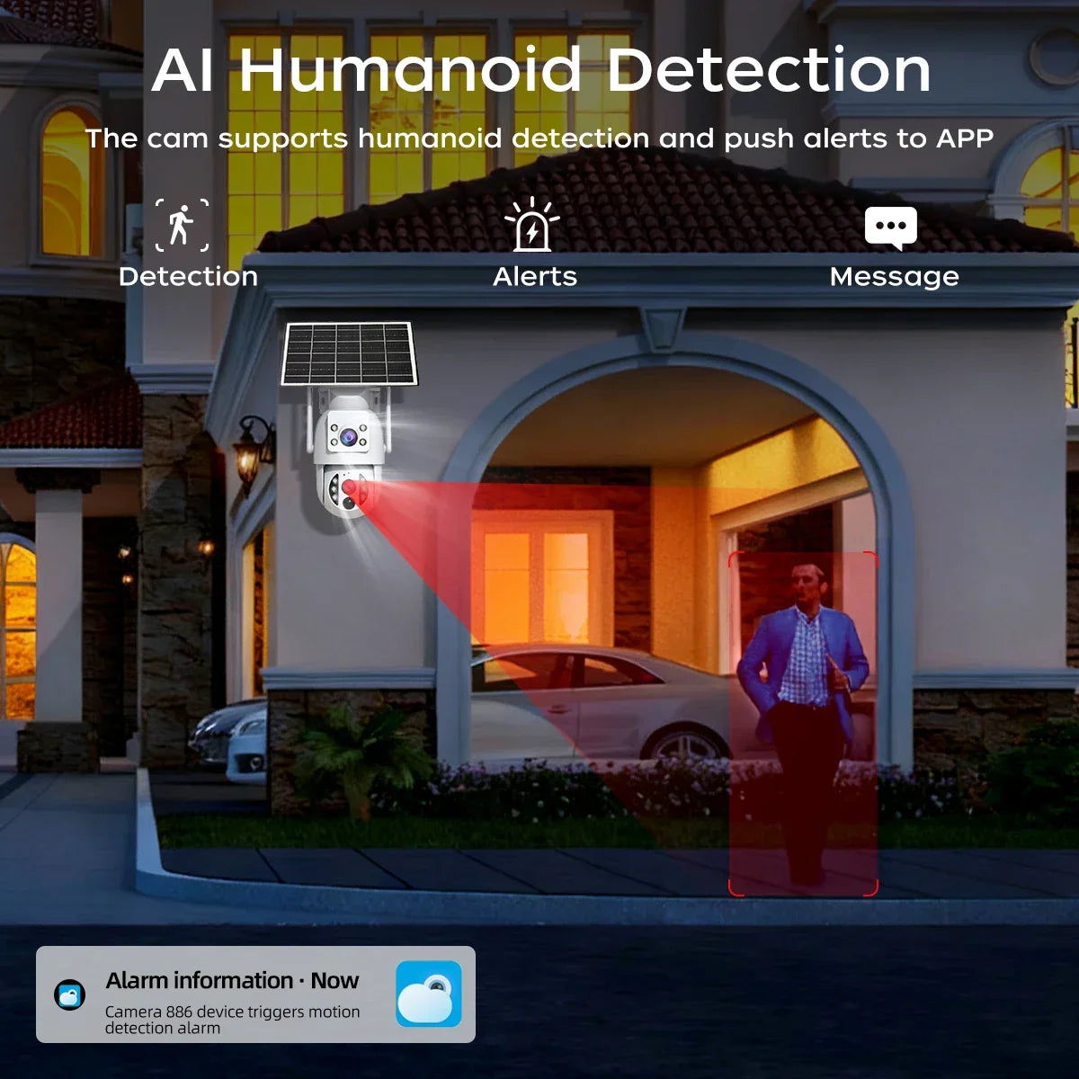 AI security camera detects person at night outside modern house, sends alert to Zaranss app