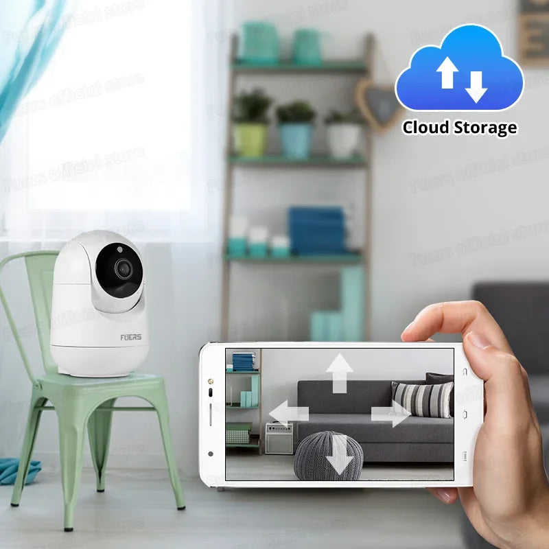 Smart home security camera on chair, shown with smartphone app and cloud storage feature