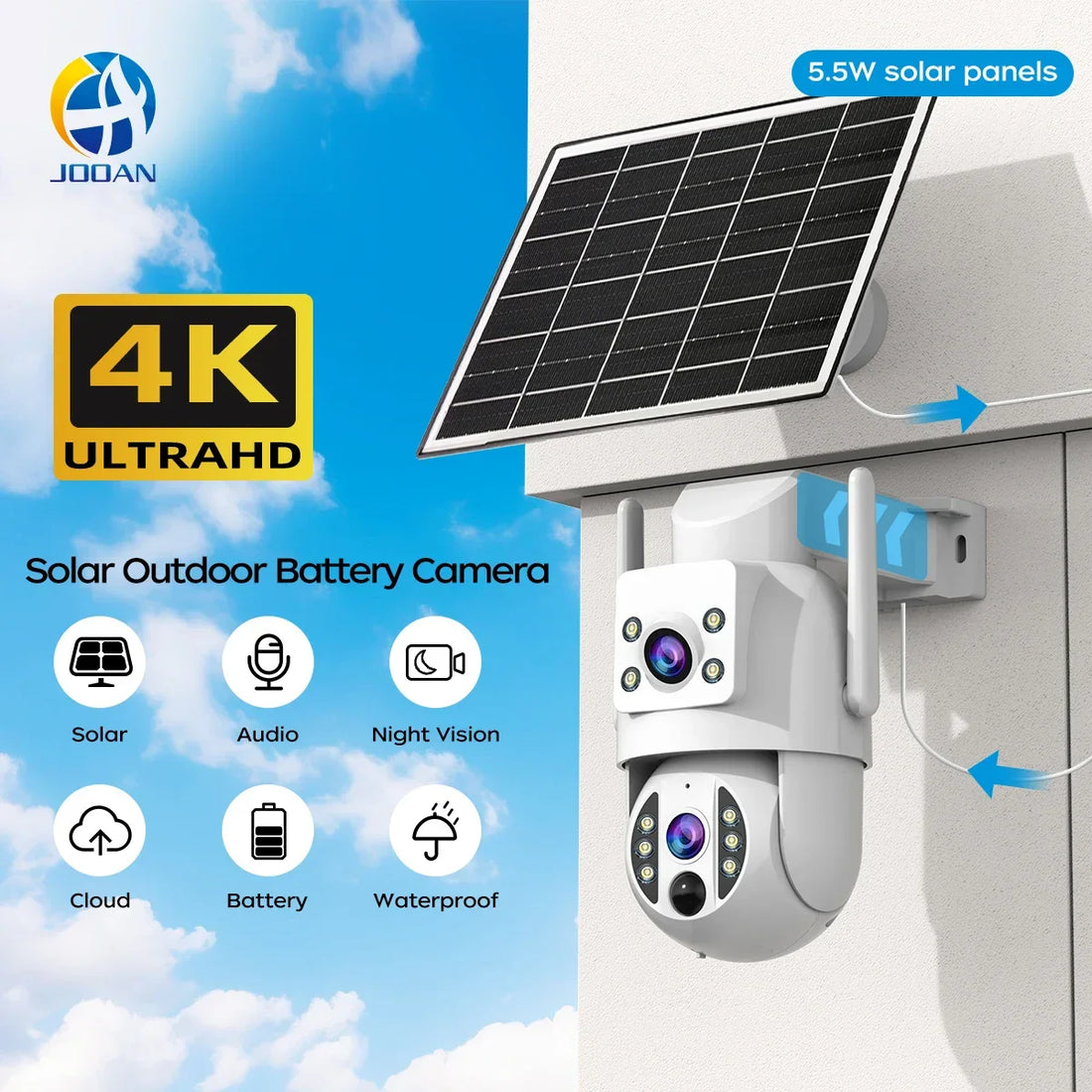 Solar outdoor battery camera with 4K Ultra HD, night vision, waterproof design, wall mounted
