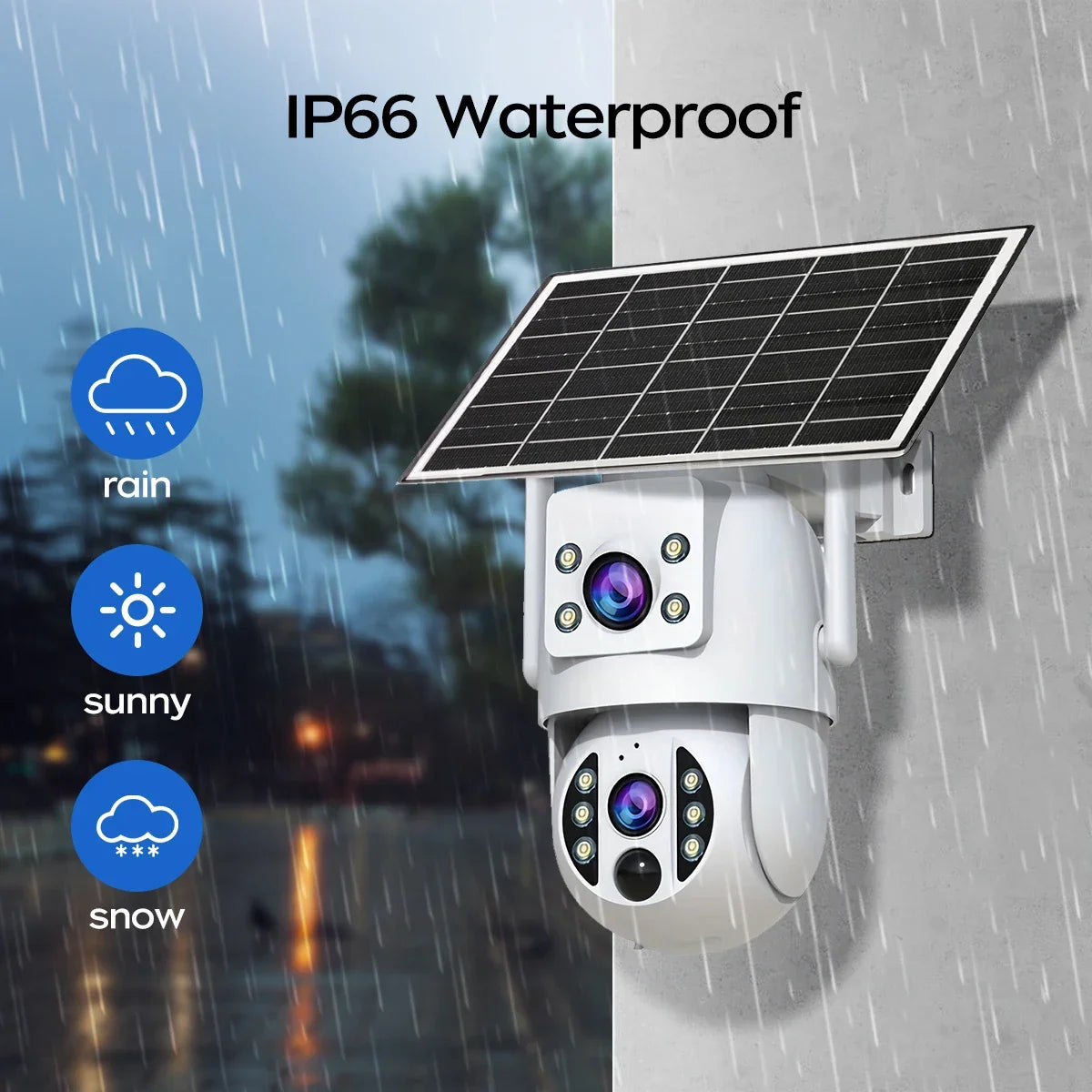IP66 waterproof solar security camera mounted outdoors in rain, Zaranss surveillance system
