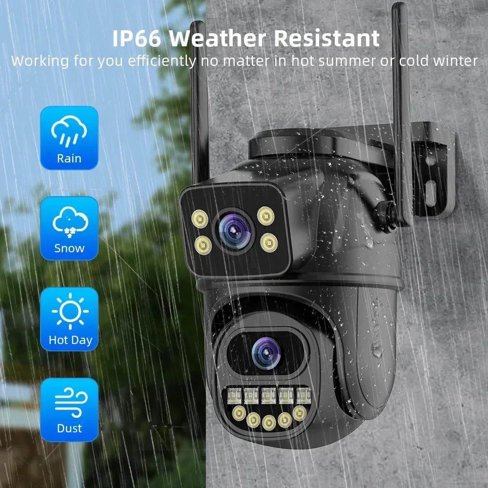 IP66 weather resistant outdoor security camera with antennas on wall in rain, Zaranss