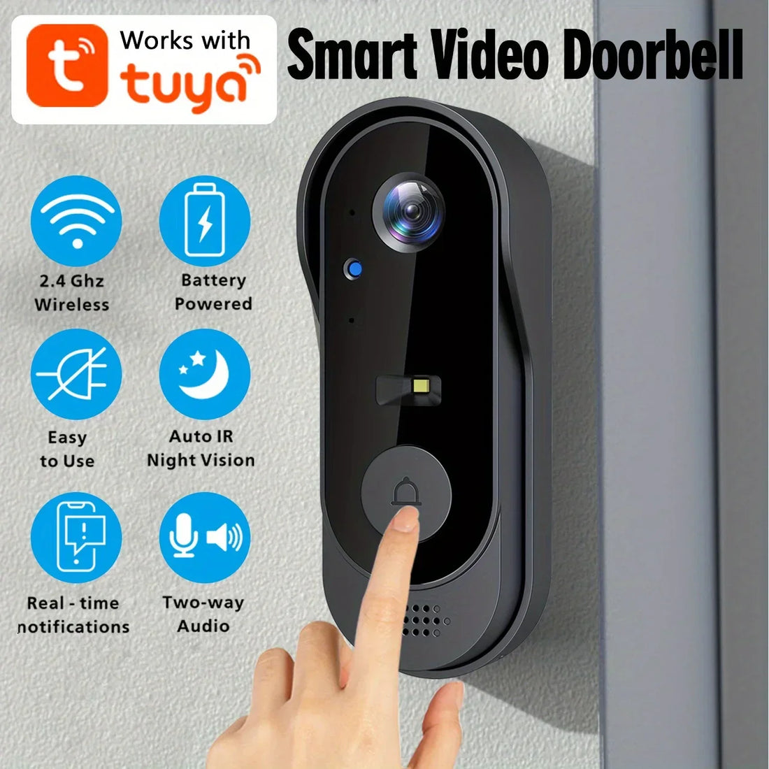 Tuya smart video doorbell with camera, wireless, battery powered, two-way audio, IR night vision
