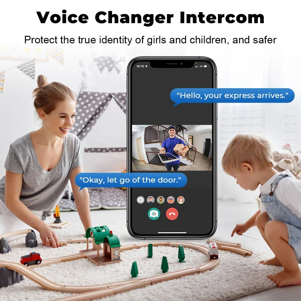 Mother and child playing with a toy train set near a smartphone showing Zaranss voice changer intercom video call with delivery person.