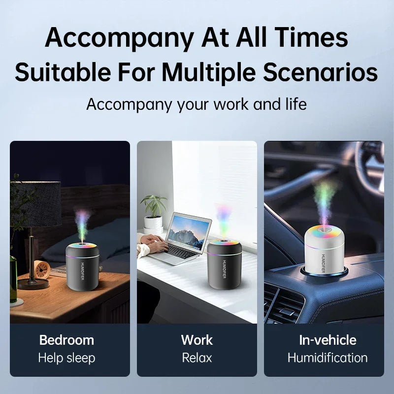 Zaranss portable humidifier with rainbow LED, shown in bedroom, office, and car settings.