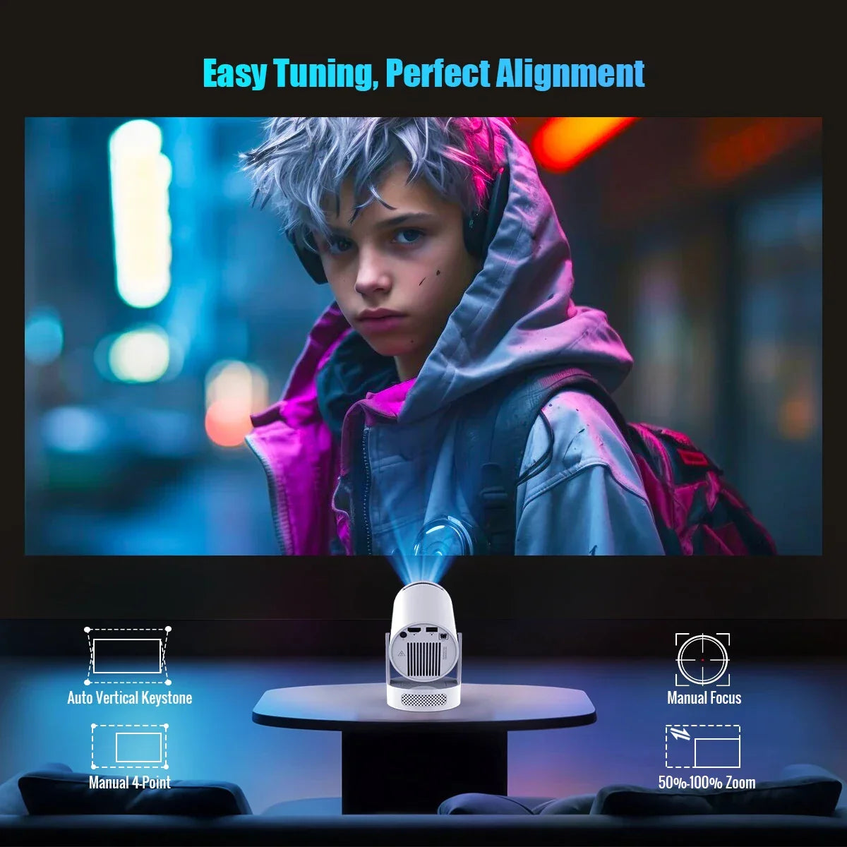 Home projector displaying vivid movie scene in modern room, featuring keystone correction and manual focus features, Zaranss