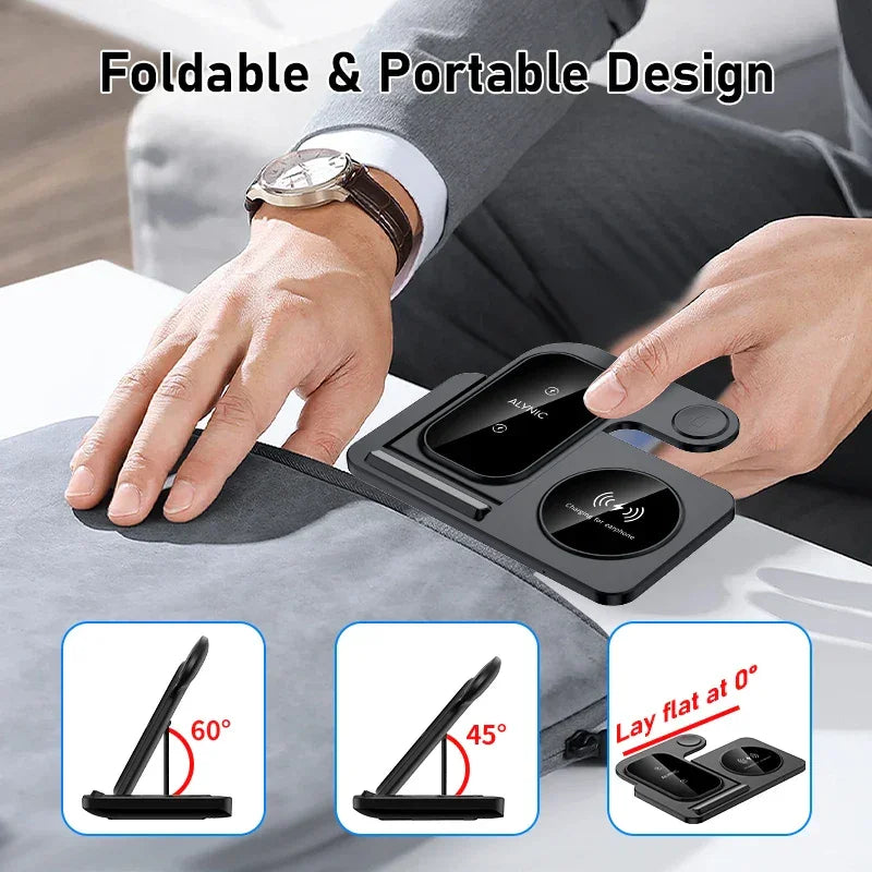 Man placing foldable wireless charging station into bag, portable travel charger by Zaranss