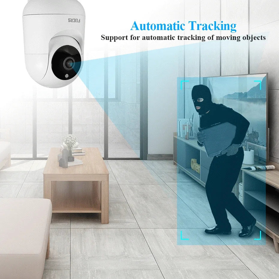 Security camera with automatic tracking detects masked intruder in modern living room