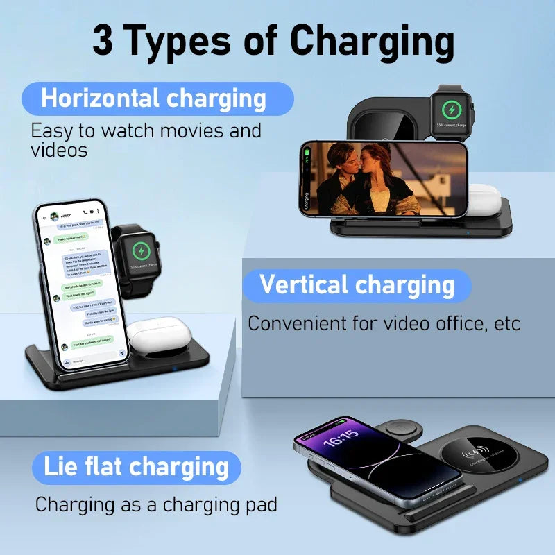 Zaranss 3-in-1 wireless charging station with phone, smartwatch, and earbuds in three modes: horizontal, vertical, and flat.
