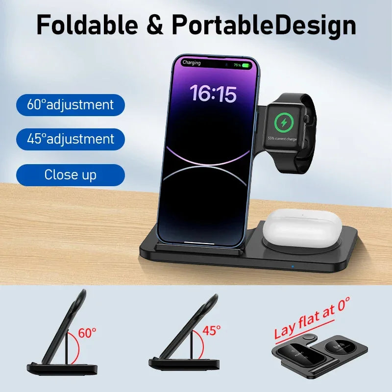 Foldable portable wireless charging station for phone, smartwatch, and earbuds on desk, Zaranss