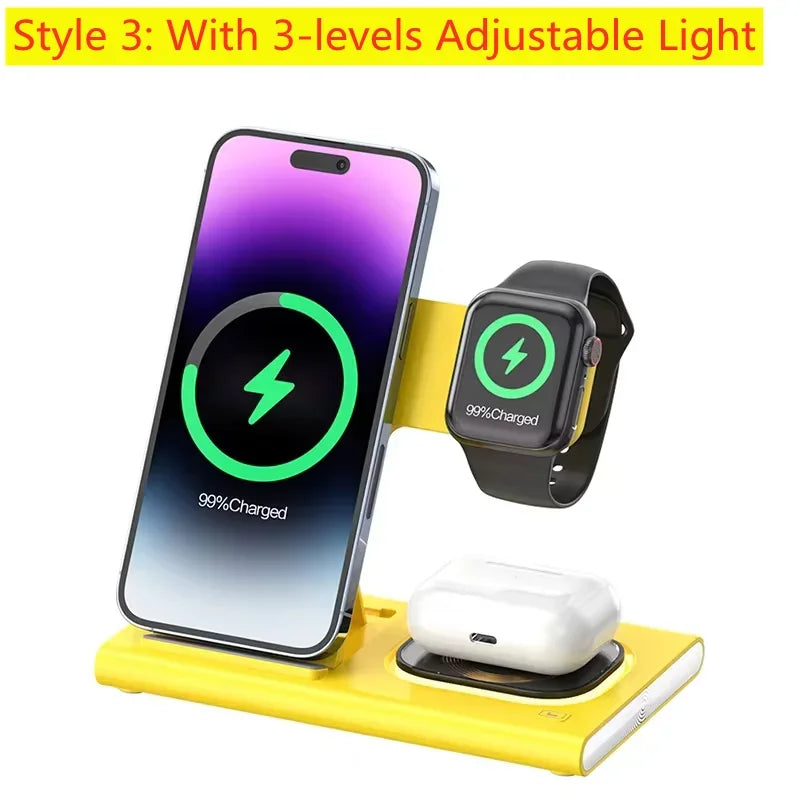 Zaranss yellow 3-in-1 wireless charger for phone, smartwatch, and earbuds with adjustable light
