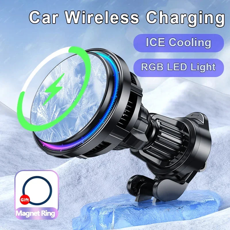 Zaranss car wireless charger with ice cooling, RGB LED light, and magnetic ring gift.