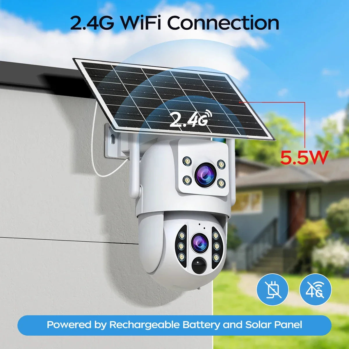 2.4G WiFi solar security camera with battery, mounted outdoors near a house, Zaranss