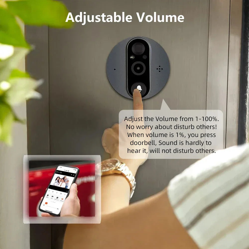 Person pressing smart video doorbell with adjustable volume feature, Zaranss homepage