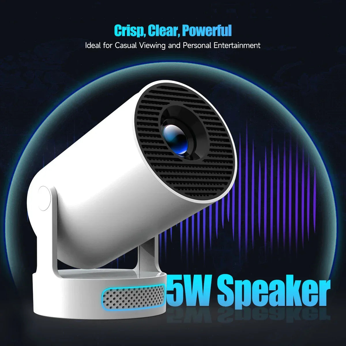 Modern white 5W speaker projector from Zaranss, ideal for entertainment, on black background.