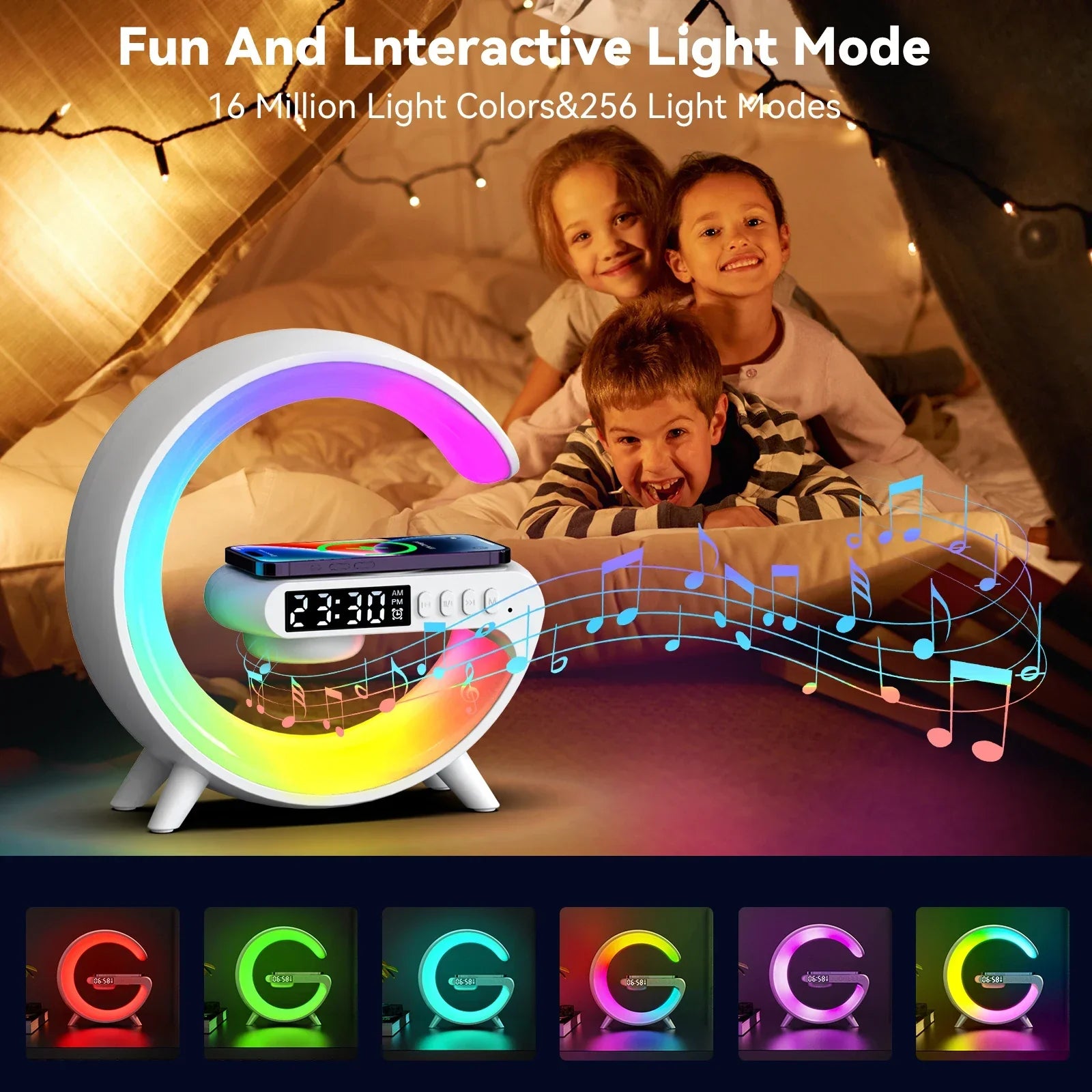 Kids in a cozy tent enjoy a colorful crescent LED clock with music, Zaranss home decor.