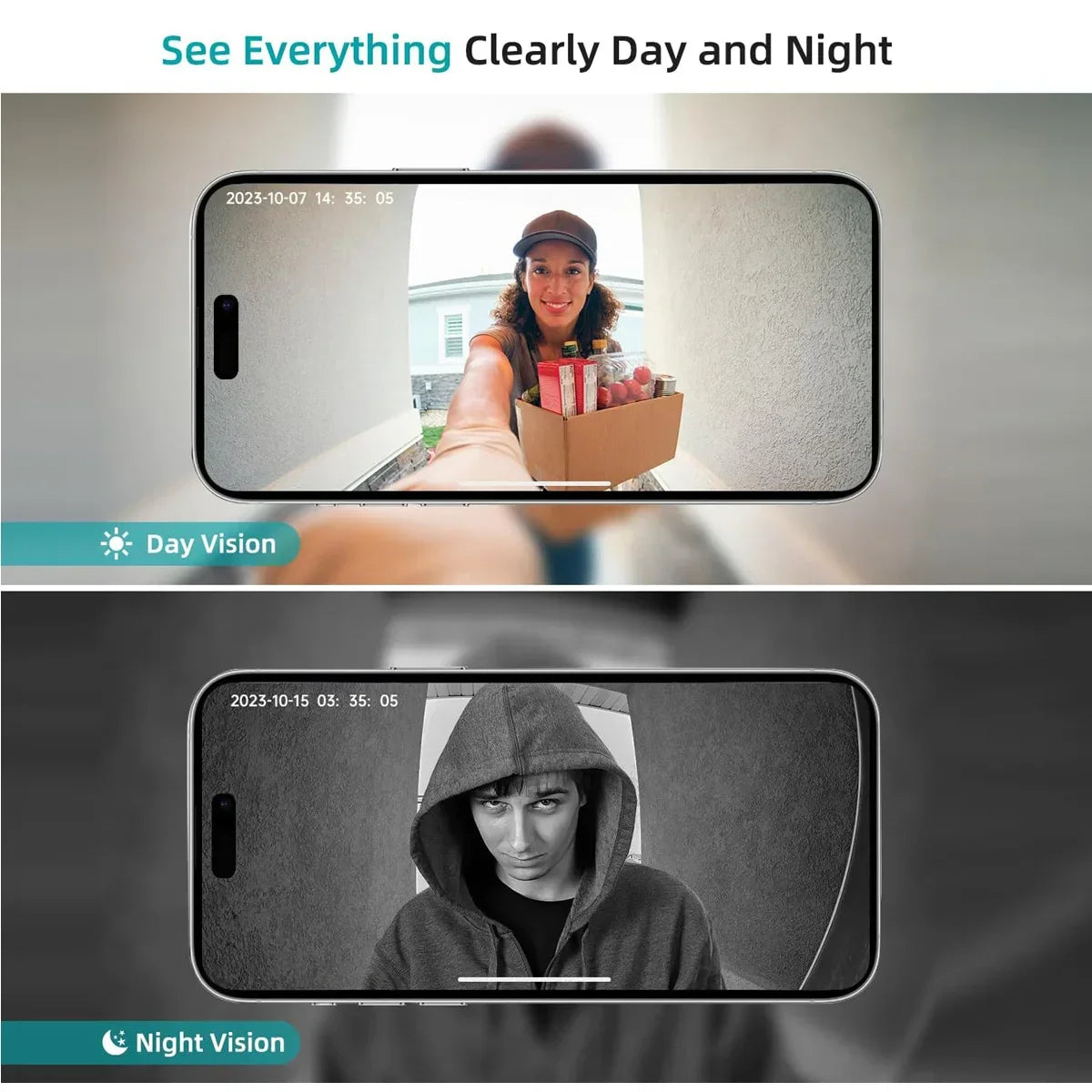 Day and night doorbell camera footage comparison, showing a delivery and a visitor, Zaranss security.