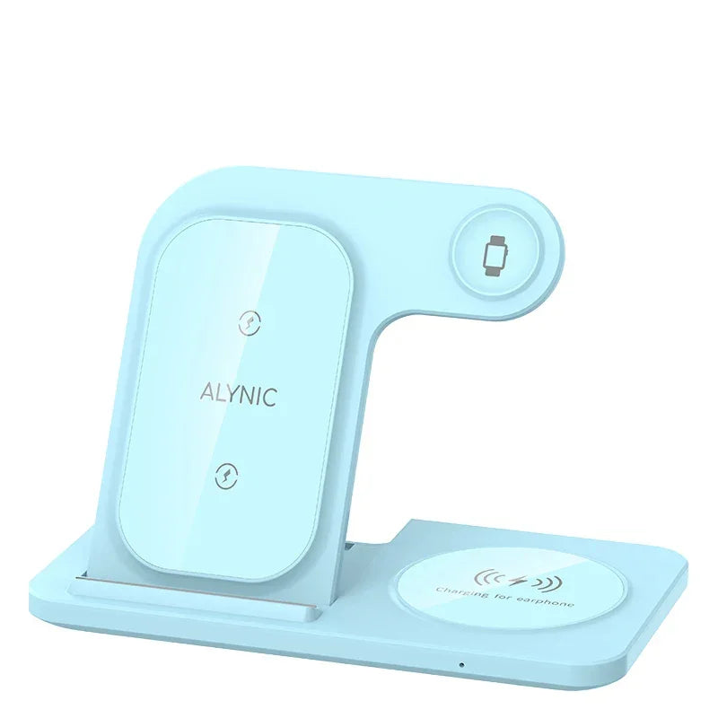 Light blue ALYNIC wireless charging station for phone, earphones, and watch on Zaranss