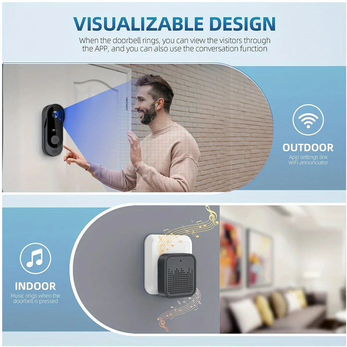 Smart video doorbell with app visual, man using Zaranss wireless WiFi door chime indoors and outdoors