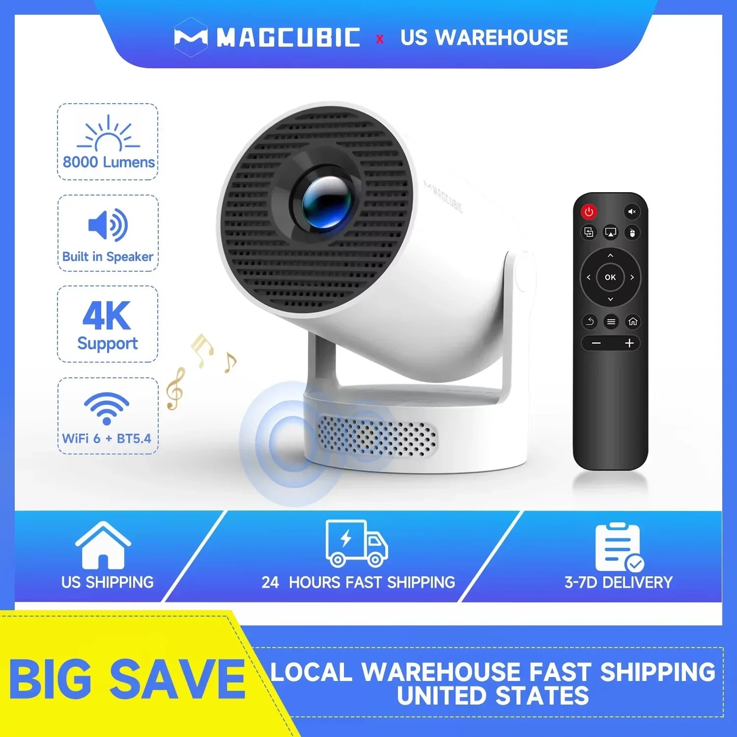 MAGCUBIC 4K projector with remote, 8000 lumens, WiFi 6, Bluetooth 5.4, fast US shipping