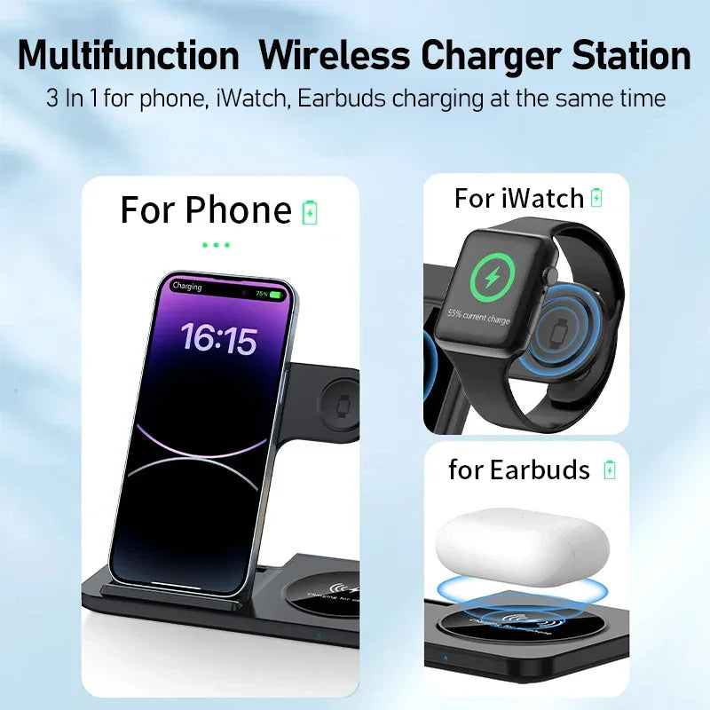 Zaranss multifunction wireless charging station for phone, iWatch, and earbuds.