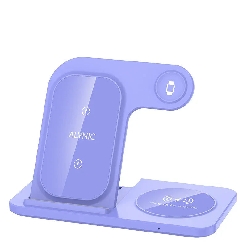 Purple ALYNIC wireless charging station for phone, earbuds, and smartwatch, Zaranss