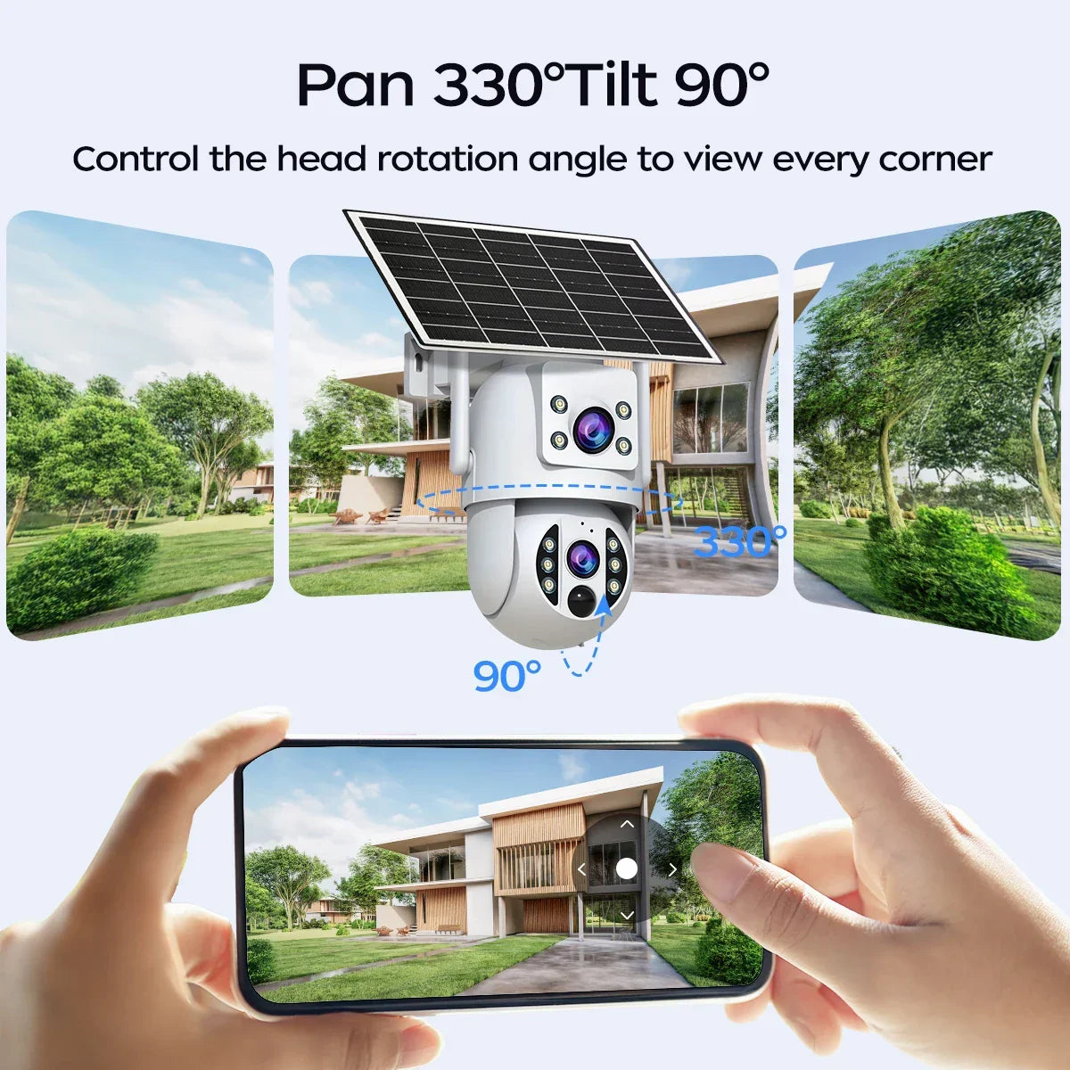 Solar security camera with 330° pan and 90° tilt for Zaranss smart home surveillance