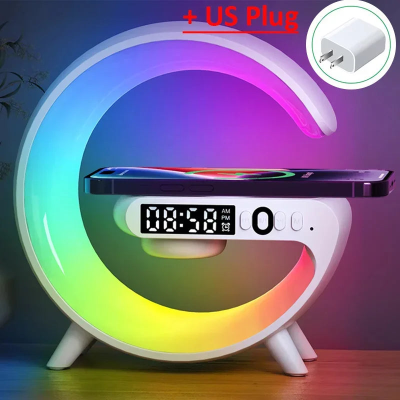 Rainbow LED alarm clock with digital display, phone charging dock, and US plug from Zaranss