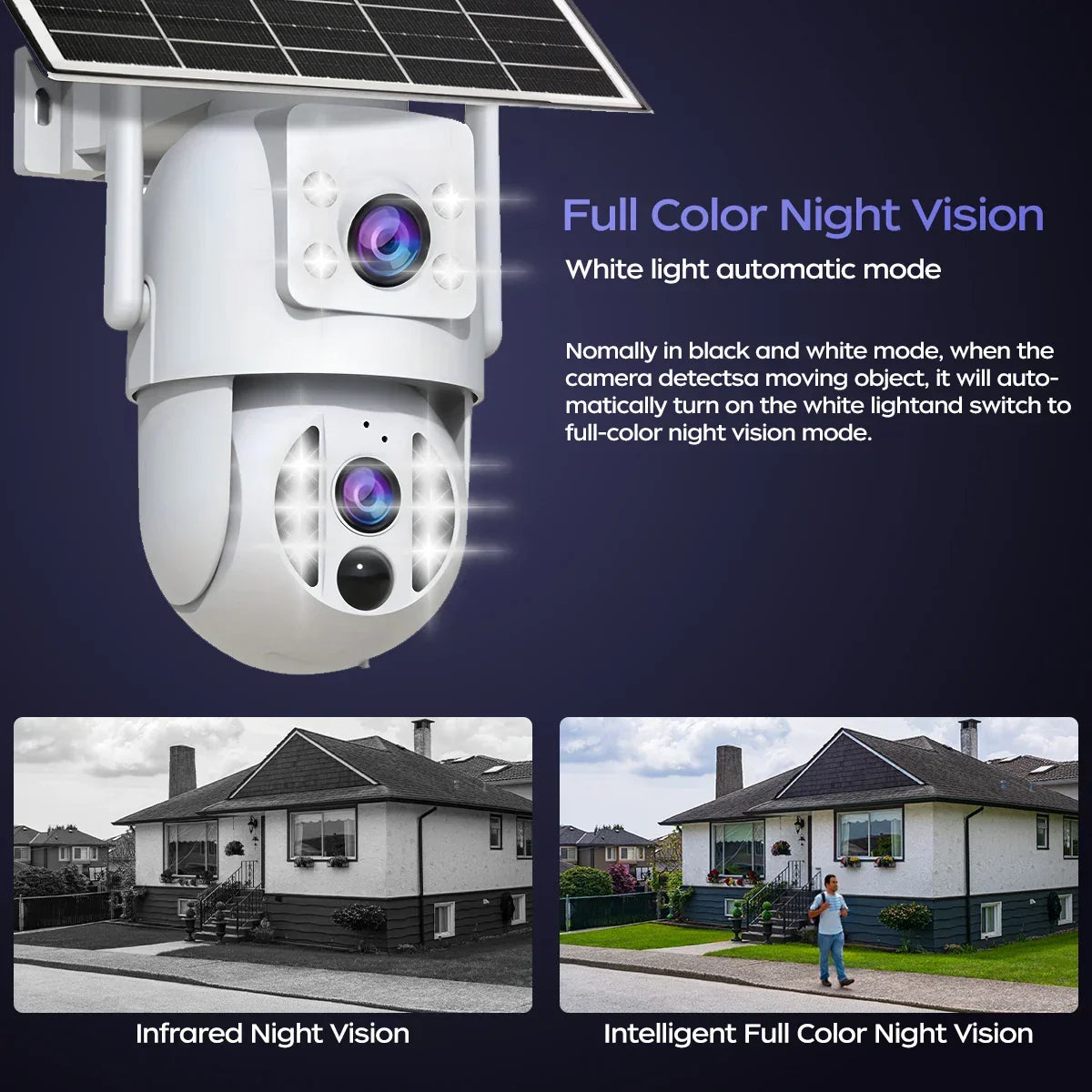 Solar security camera with full color night vision and infrared mode, Zaranss surveillance