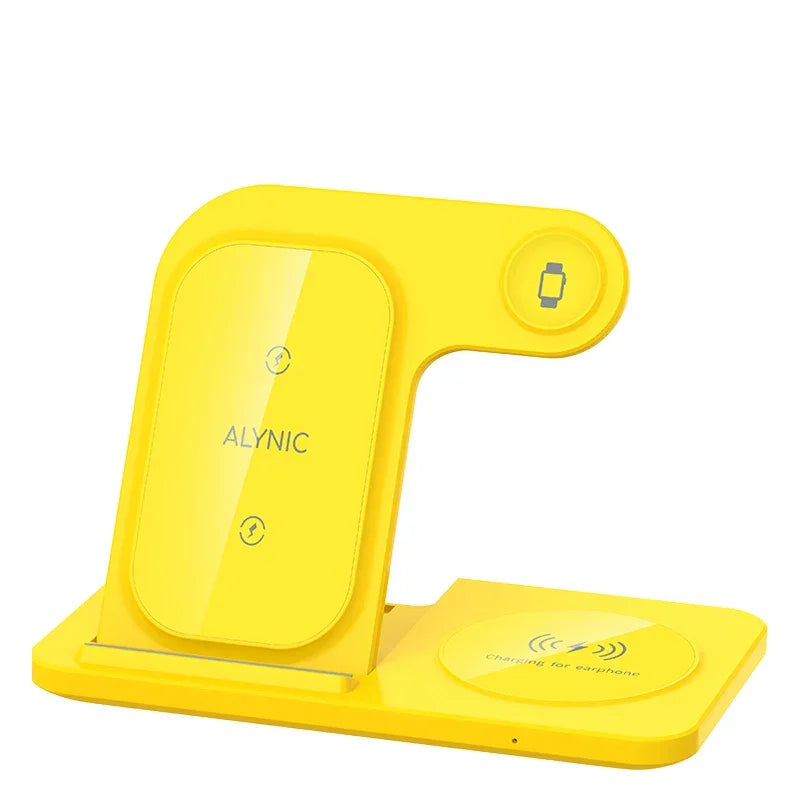 Yellow ALYNIC wireless charging station for phone, smartwatch, and earphones on white background